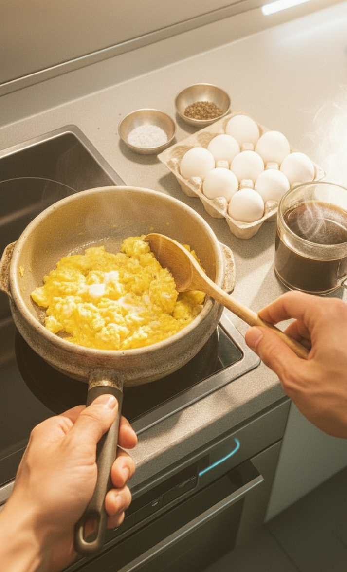Scrambled eggs being cooked in a pan beside eggs and coffee