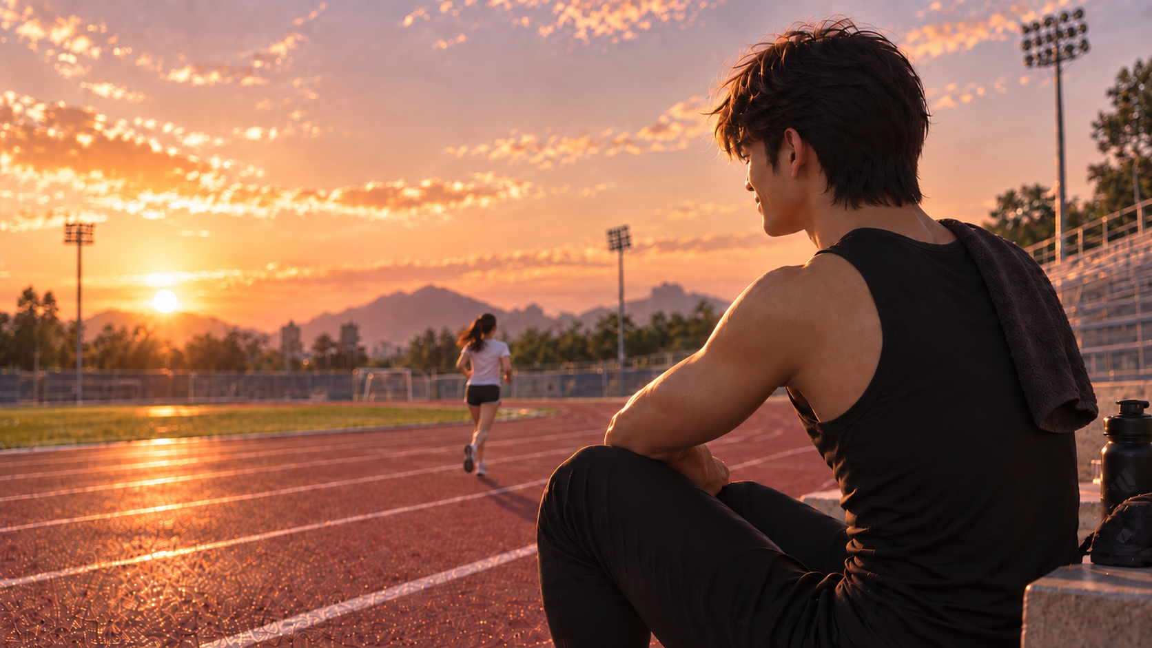 Oppa sitting beside a running track at sunset
